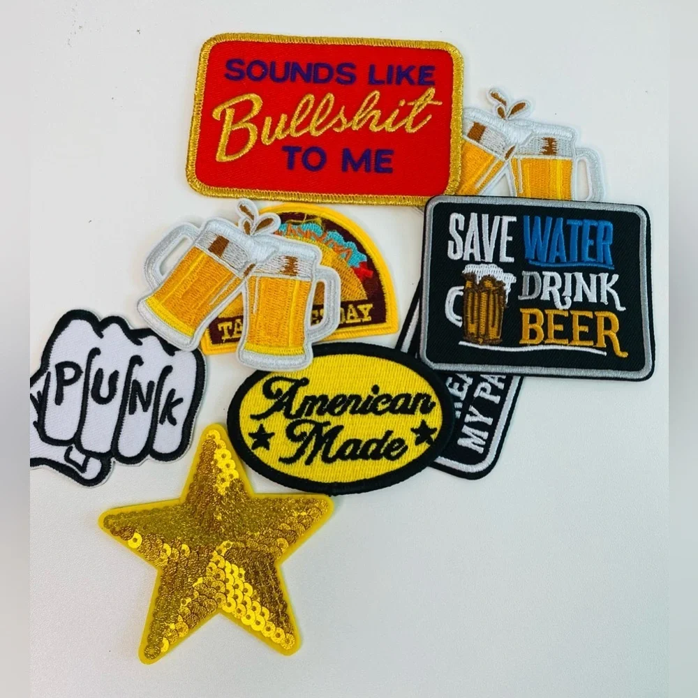 Lot of 9 embroidered iron on patches, men’s patches, beer, DIY projects